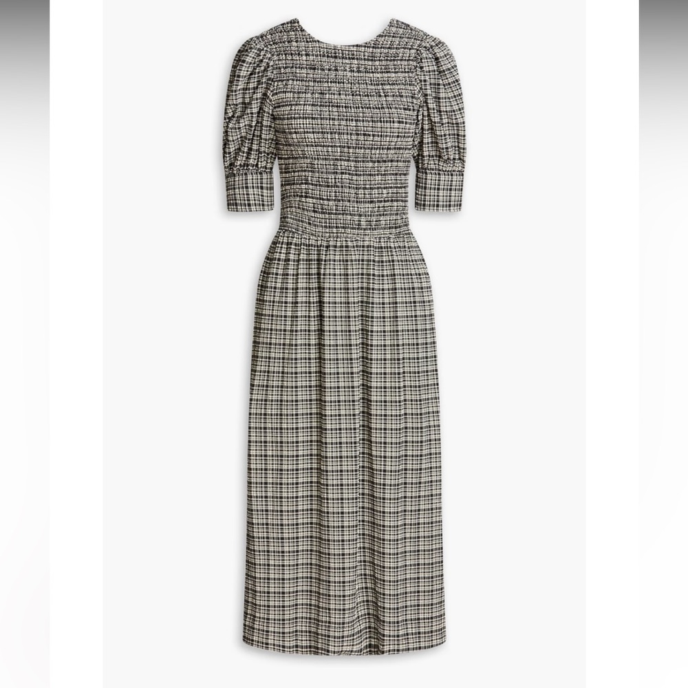 GANNI Shirred checked seersucker midi dress Size 10 Black and White